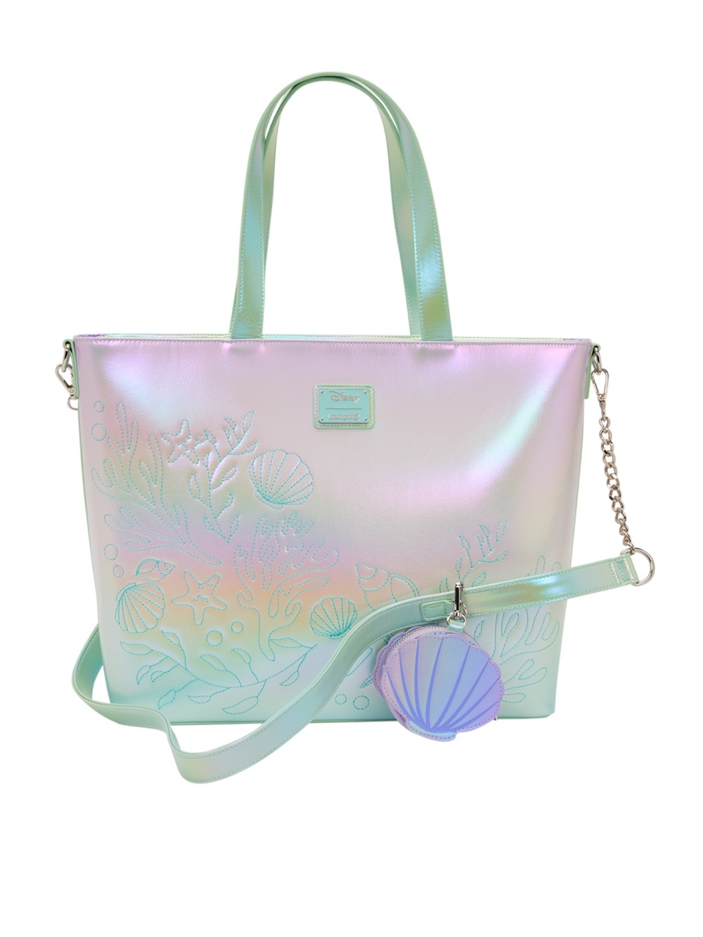 NWT Loungefly Disney Ariel Flounder Sebastian Little Mermaid Iridescent Tote Bag - Picture 4 of 5